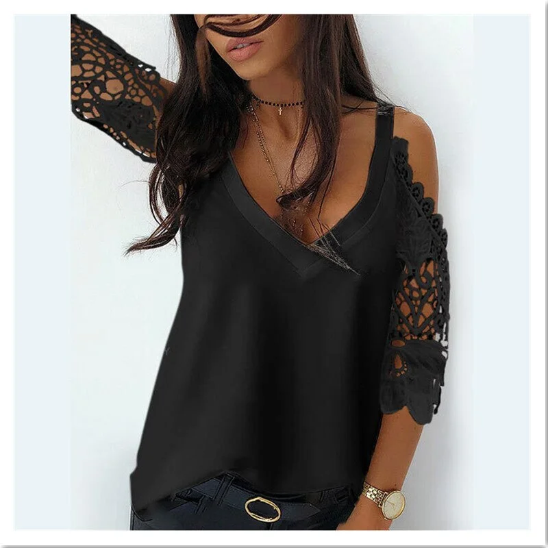 UForever21 Fashion Women Blouse Shirts Top Solid V neck Lace Patchwork  Shoulder Long Sleeve Blouse Woman Tops