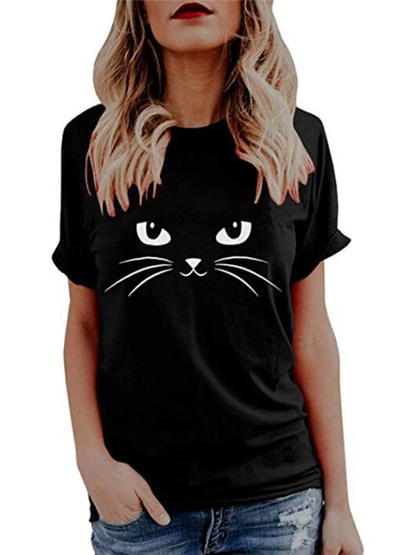 Round Neck Short Sleeves kitty  Floral T-shirt
