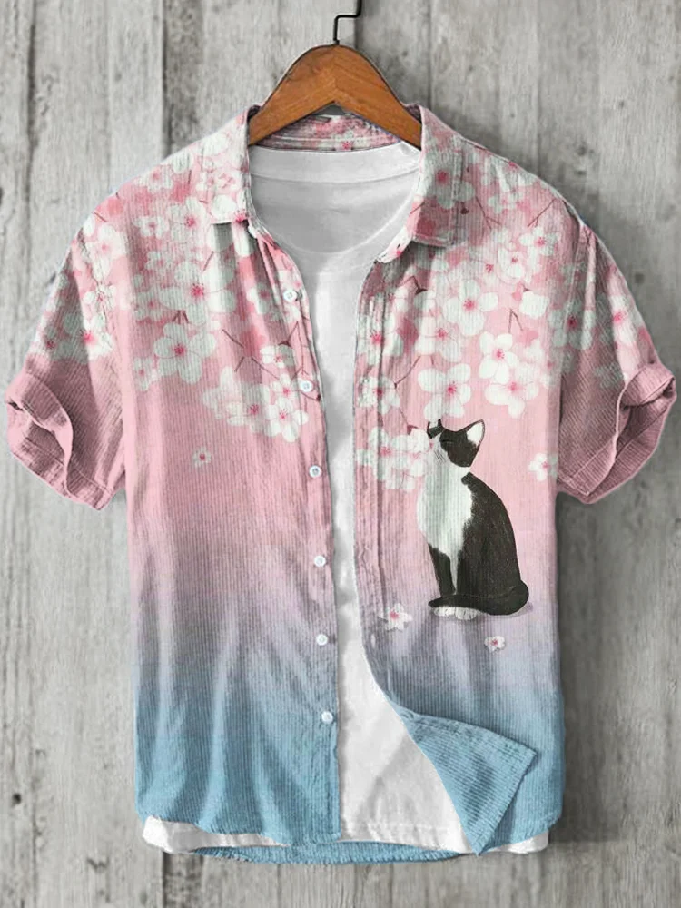 Cat & Cherry Blossom Japanese Art Trans Gradient Linen Shirt
