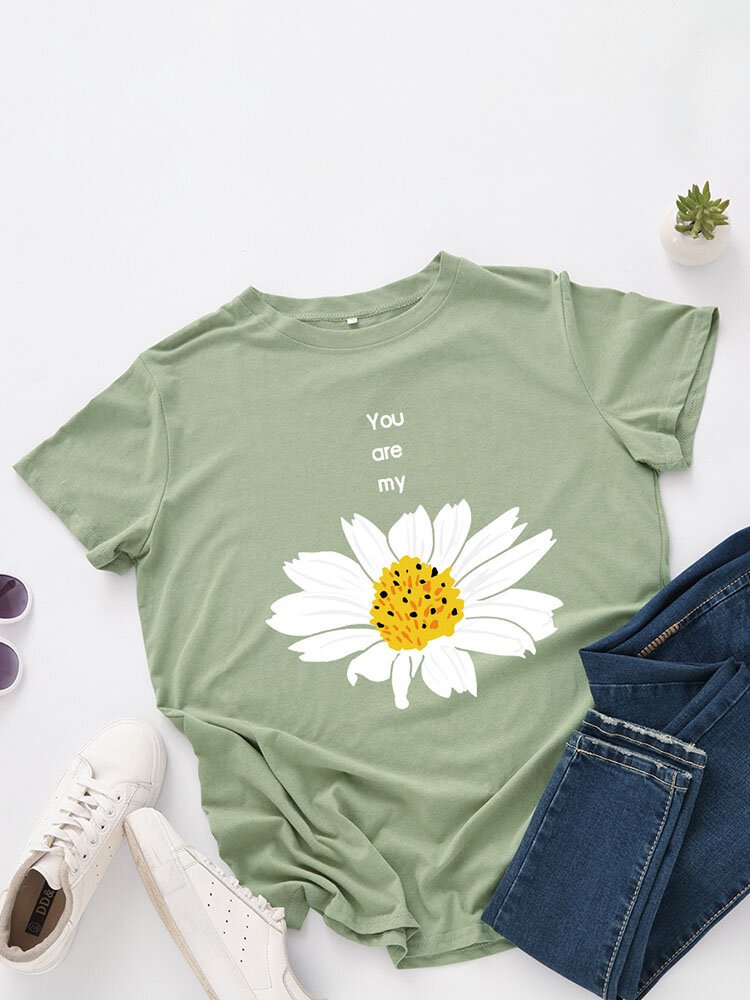 Daisy Print Short Sleeve O neck Casual T Shirt For Women P1835539