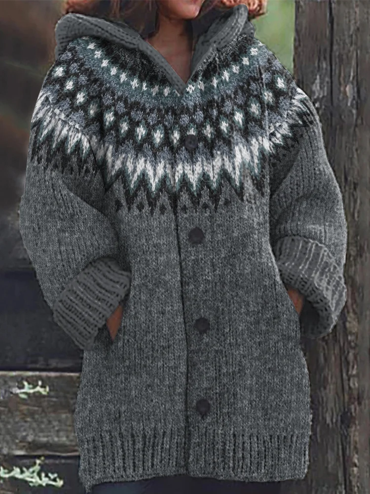 Retro Geometric Contrast Pattern Hooded Sweater Cardigan