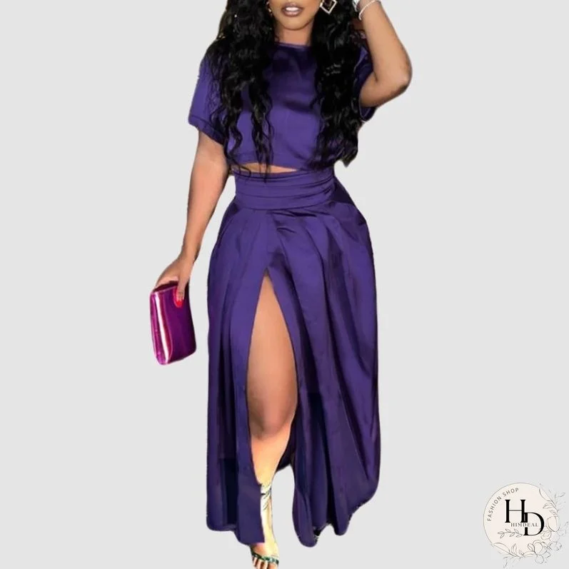 Solid Color Slit Pleated Skirt Set