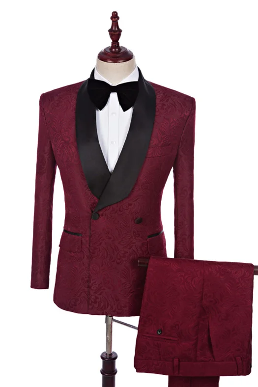 Daisda Romantic Burgundy Jacquard Double Breasted Best Fitted Wedding Tuxedo