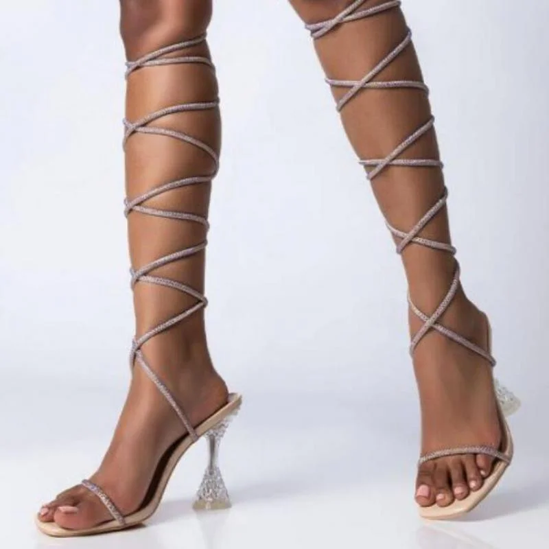 2022 Summer New Gladiator Women Sandals Fashion Black Ankle Strap Crystal Lace Up Open Toe High Heels Ytmtloy Sandalias Feminina