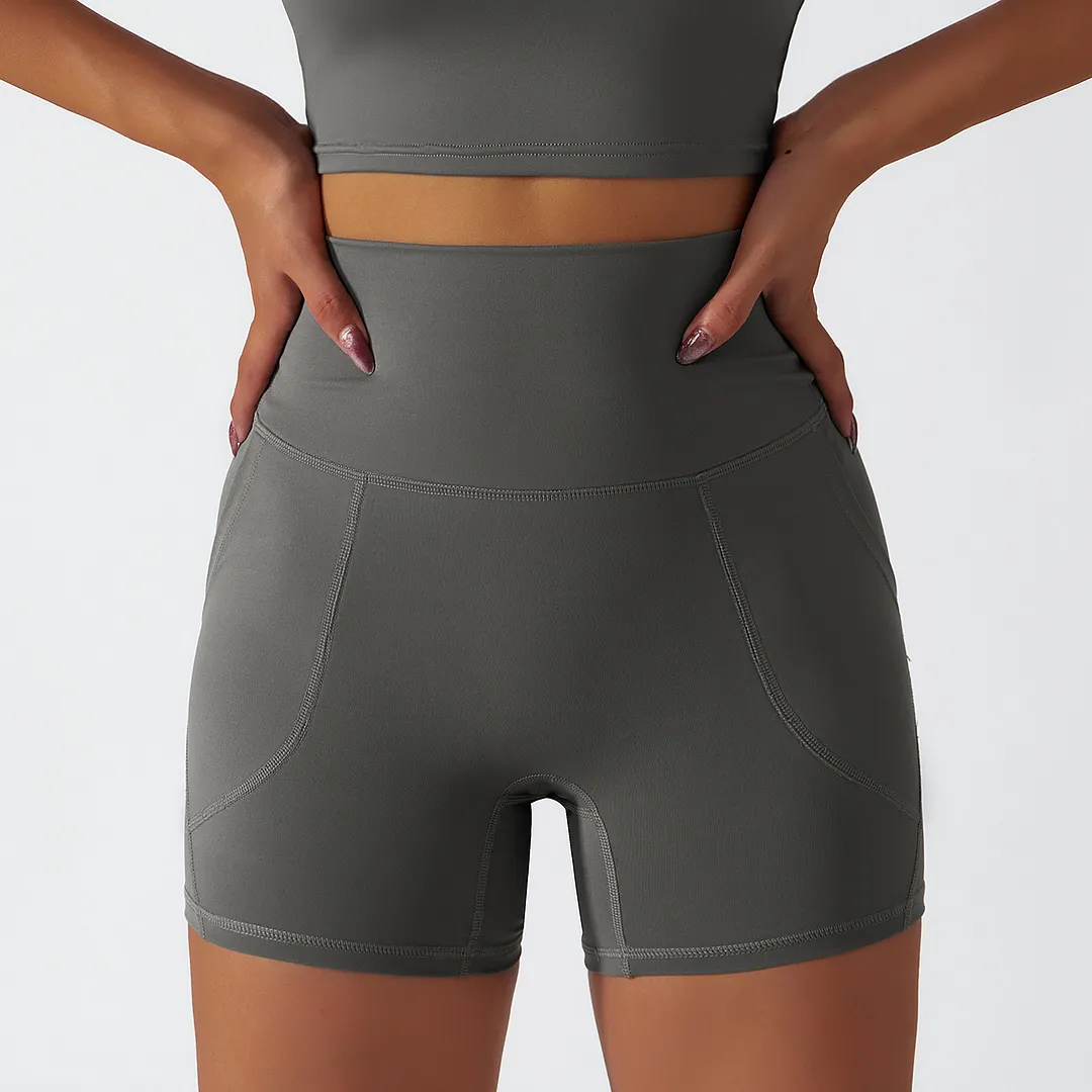 Buy Moonstone Gray renewable fabric sustainable no front seam yoga shorts with side pockets of high quality on Hergymclothing