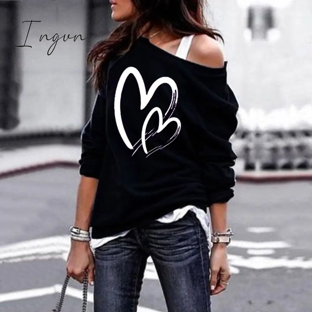 Ingvn - Women’s Pullover Sweatshirt Heart Printed Long Sleeve One Shoulder Tops Autumn Winter