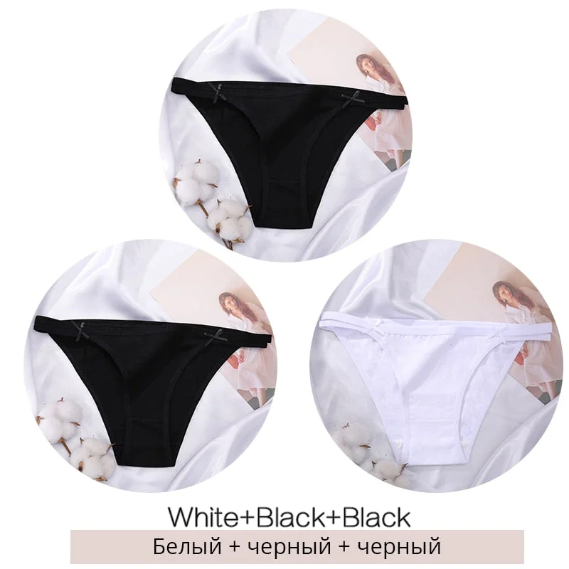 FINETOO M-2XL Bow Cotton Panties 3Pcs/set Women Briefs Girls Plus Size Underpants Low-rise Hollow Underwear Female Lingerie 2021