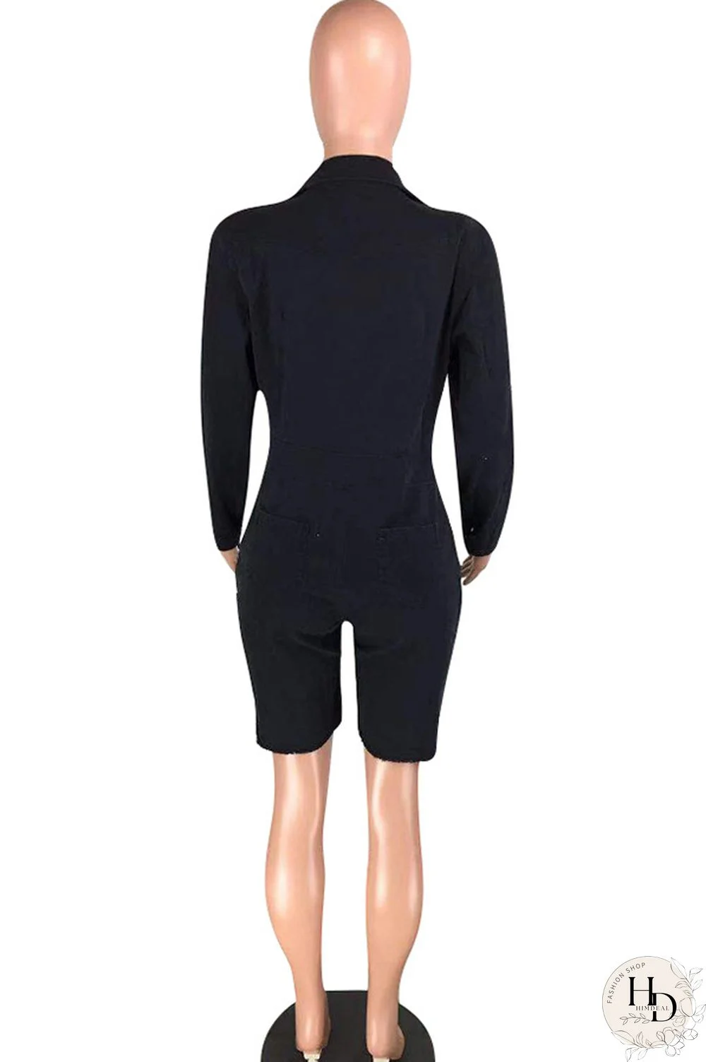 Black Sexy Solid Button washing Cotton Long Sleeve Turndown Collar Rompers