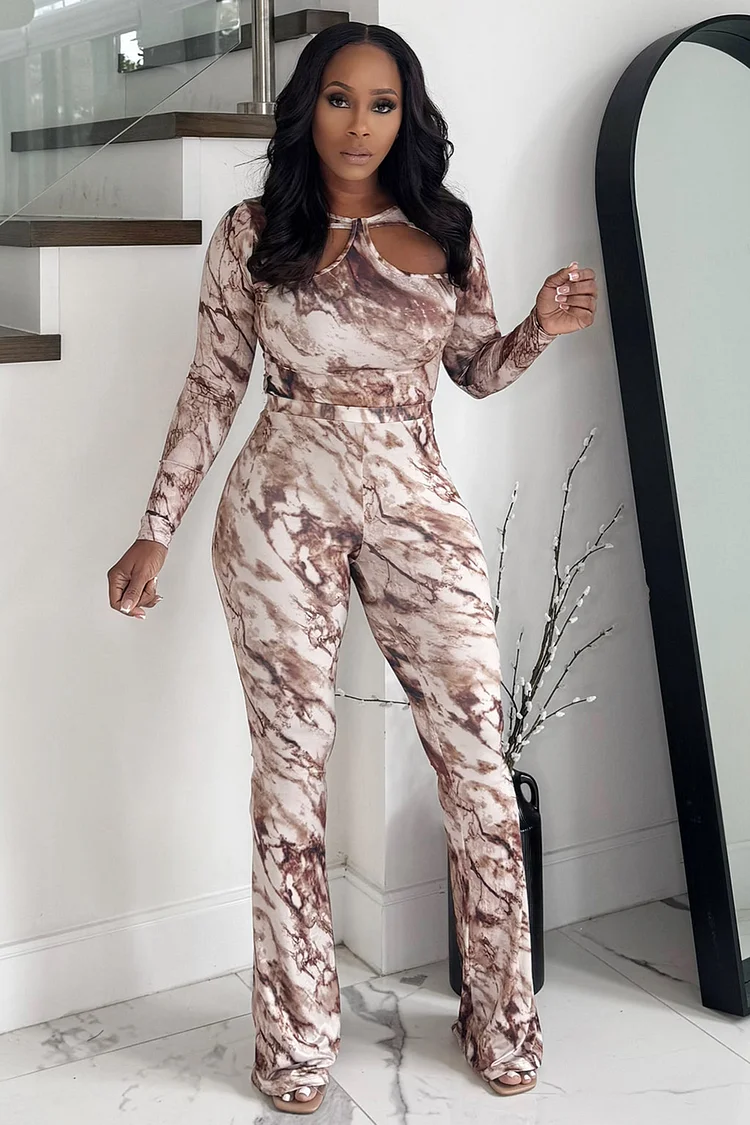 Marble Print Cutout Long Sleeve Top Leggings Party 2pcs Set-Brown [Pre Order]