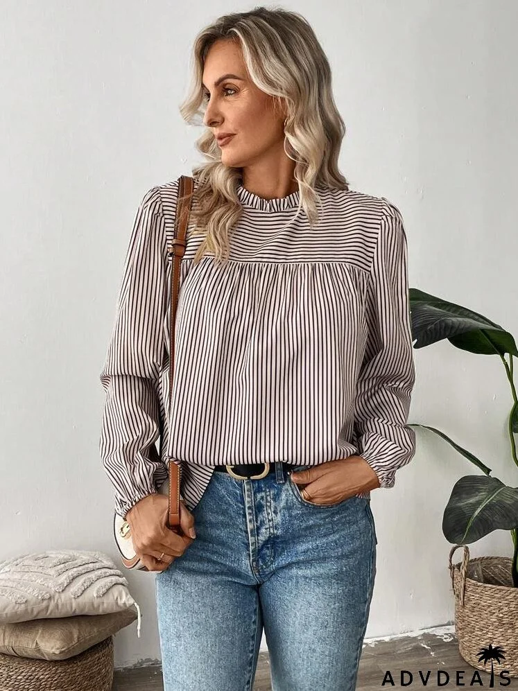 Women's Autumn/Winter Ruffle Collar Striped Elegant Long Sleeve Blouse