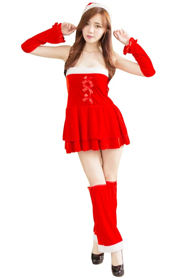 Red Sexy Off Shoulder Corset Mini Dress Christmas Mrs Santa Costume-elleschic
