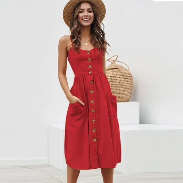 Button Striped Print Cotton Casual Beach Summer Dress Sexy Spaghetti Strap Pockets V-neck Off Shoulder Women Midi Dress Vestidos