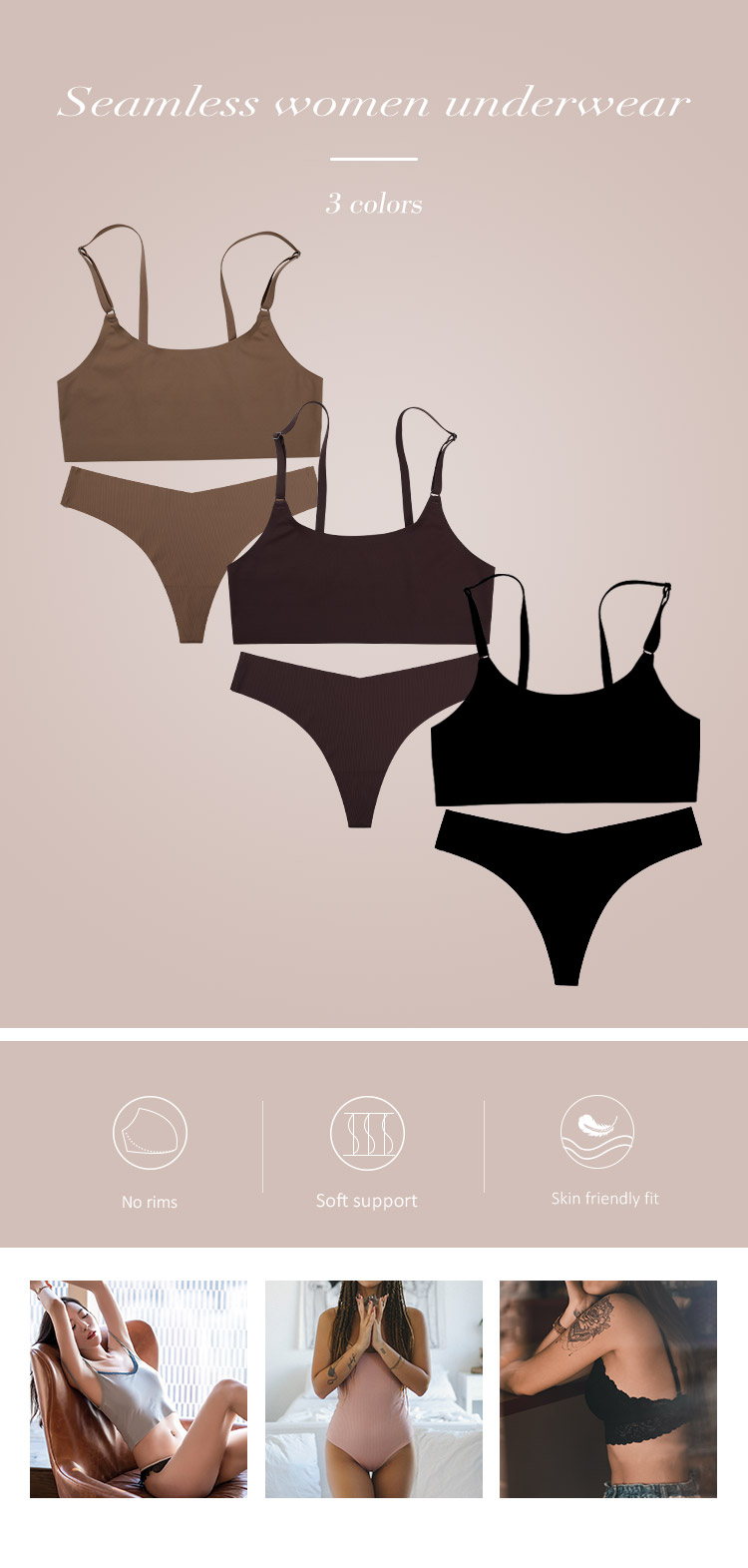 Likron Watches Seamless Wireless Bras and Thong Underwear Set for Women - Solid Color Ice Silk Comfort Lingerie