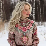 Boho Rose Knit Embroidered Art Women's High-neck Icelandic Sweater - Image 2