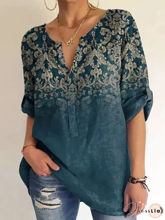 Floral Printed Casual Long Sleeve Tunic Top
