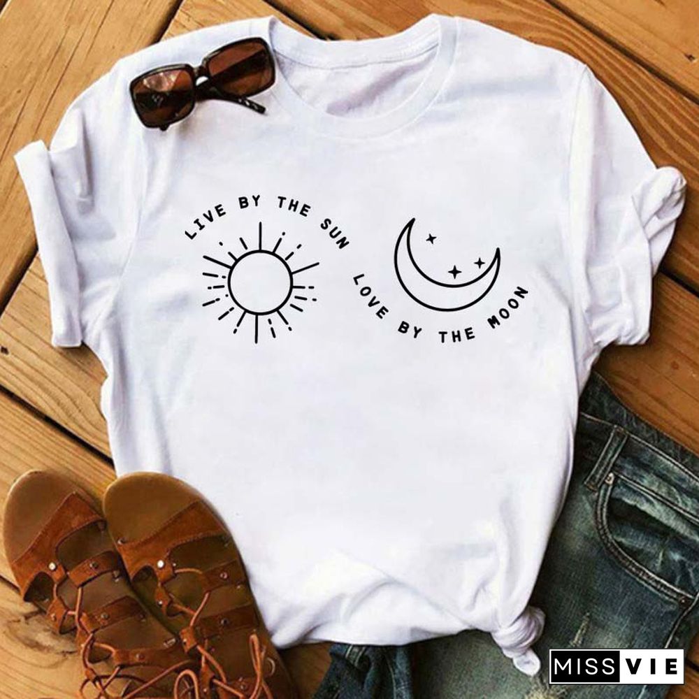 Maycaur Women Harajuku T Shirt New Moon Star Printed T Shirt O-Neck Summer Short Sleeve Tees Women Clothes Graphic T Shirts