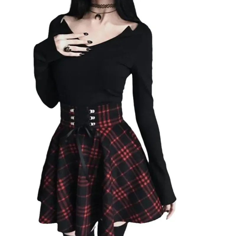 Brownm Brownm School Fresh College Style Lady Lattice Irregular Half-Dress Necrotling Belts With Thin Large Skirts
