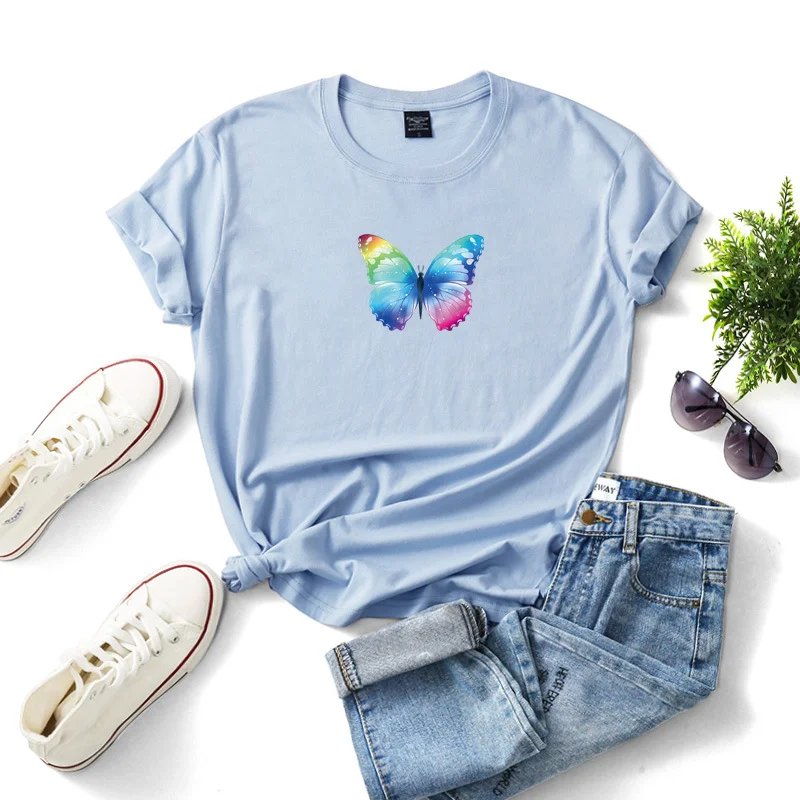Light Blue Reflective Butterfly Print Cotton Tees