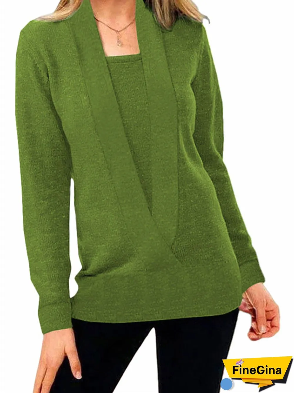 Women's Solid Color Square Collar Fake Two Long Sleeve Top