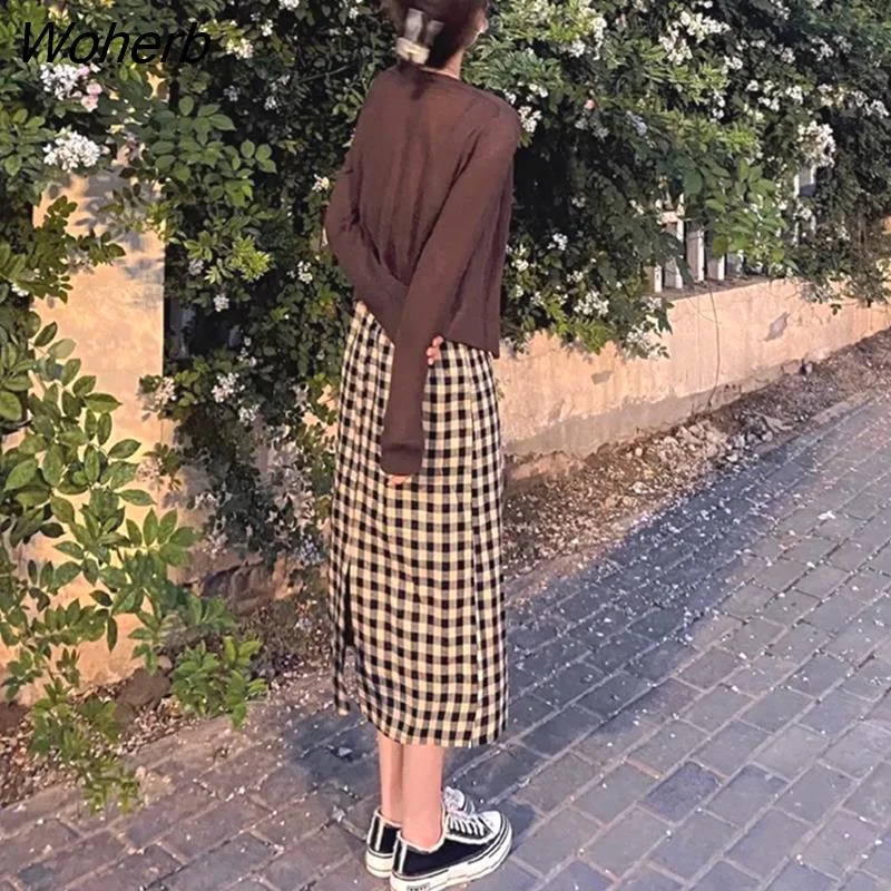 Woherb Women Thin Sun-proof Vintage Plaid Dresses Summer College Ins Two Pieces All-match Sweet Brown Streetwear Female Aesthetic