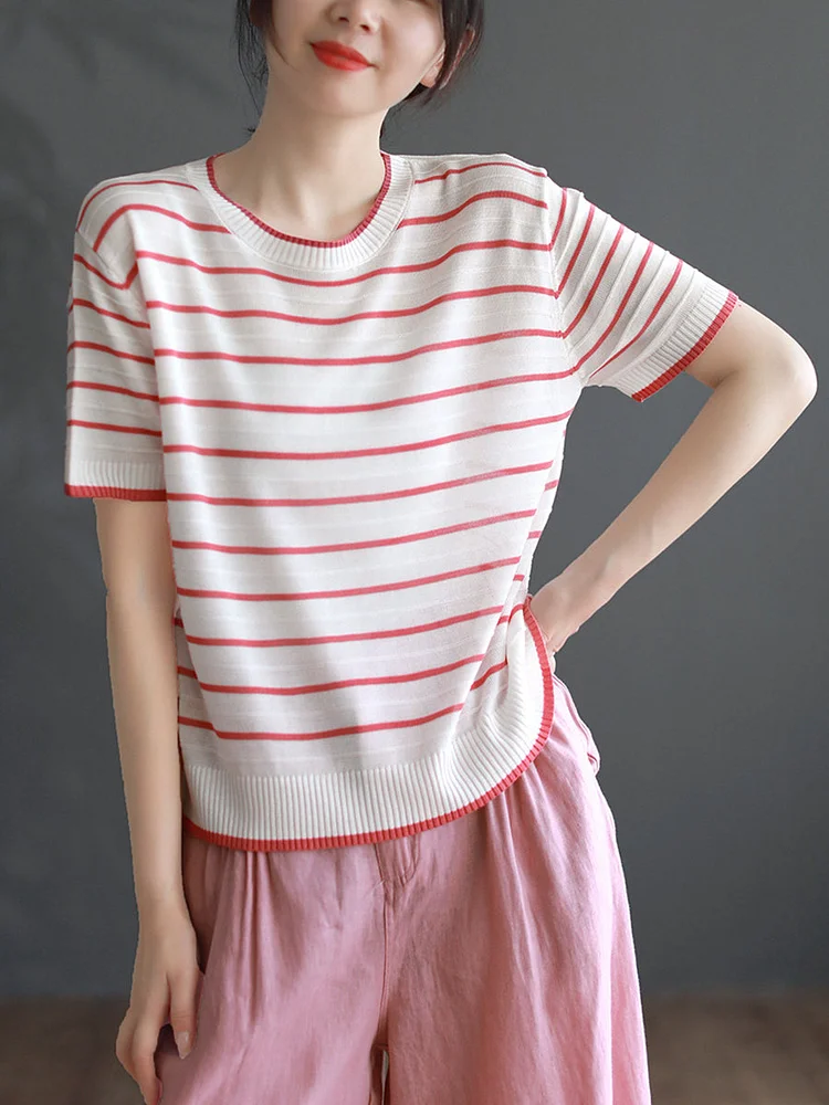 Women Casual Stripe Summer Knitted O-neck Shirt