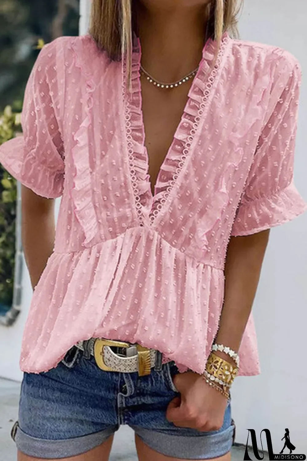 MidiSono - Pink Ruffled V Neck Frill Hem Swiss Dot Blouse