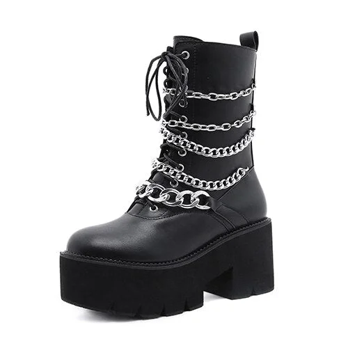 Women's Platform Punk Ankle Boots Big Size 42 Woman Lace Up Pumps Ladies Chain High Heels Women Waterproof Shoes Female Footwear