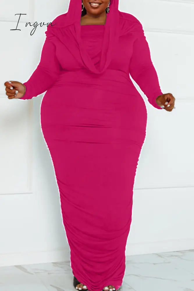 Ingvn - Rose Red Sexy Street Solid Patchwork Hooded Collar Wrapped Skirt Plus Size Dresses / 0Xl