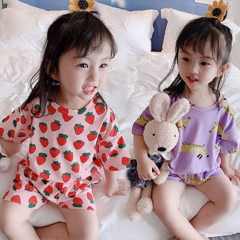 2 to 10 Years 2021 New Summer Girls Kids Pajamas Set Short Sleeves Sleepwear For Toddler Girls Cotton Pyjamas Set Clothes