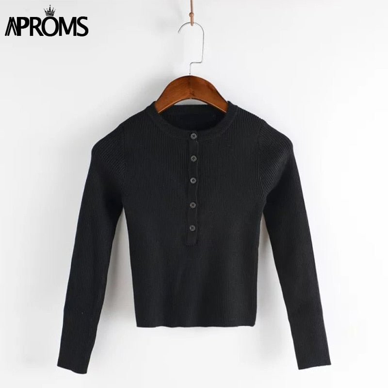Aproms Strentch Knitted Short Pullovers Sweater Winter Long Sleeve Slim Crop Top Streetwear Buttons Warm Knitwear Jumper 2021