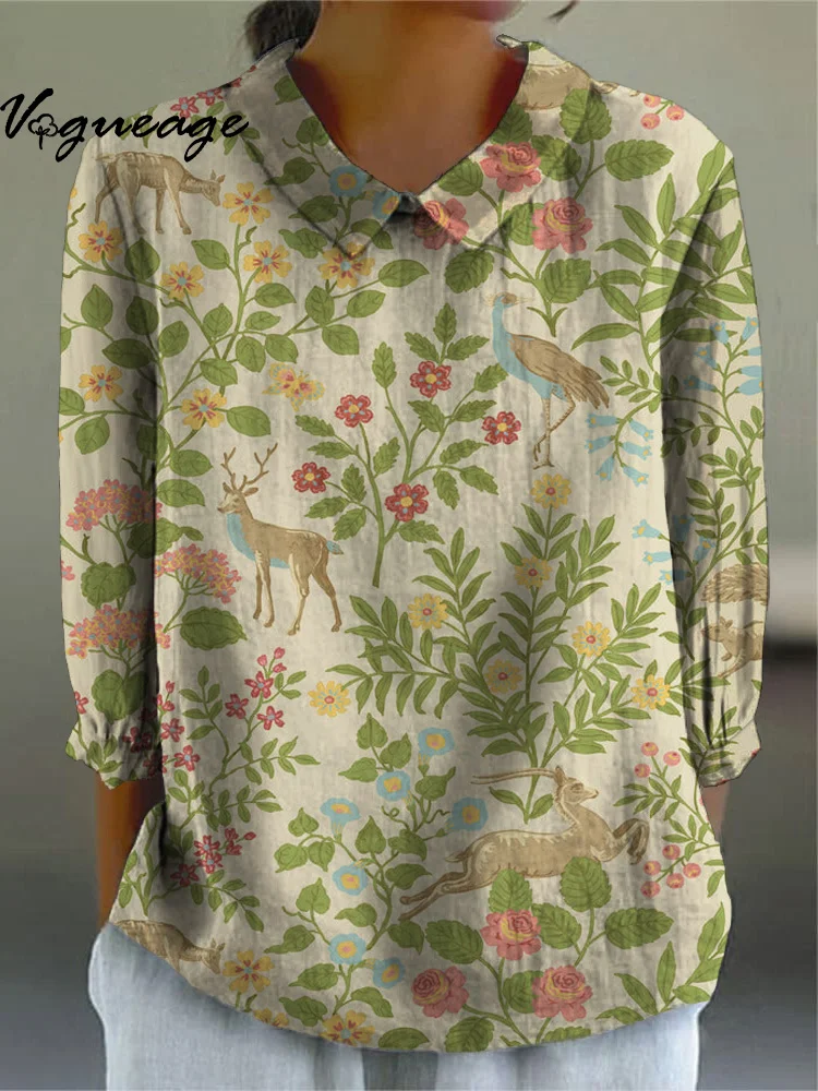 Painted Deer And Flowers And Plants Printed Cotton And Linen Shirt