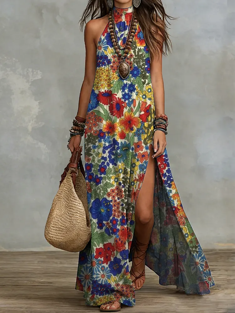 Bohemian Retro Floral Halter-neck Maxi Dress With Slit &acirc;&euro;&rdquo; Vacation-style Cotton-linen Printed Dress