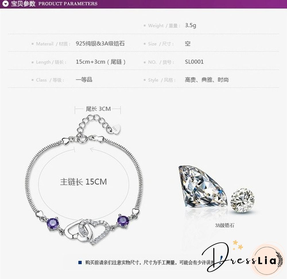 925 Silver Ladies Natural Amethyst Heart-shaped Bracelet Fashion Micro-inlaid Hollow Heart-shaped Zircon Bracelet
