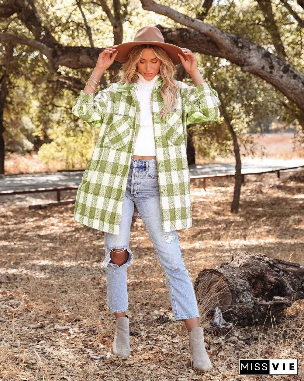 Autumn And Winter Plaid Coat With Pocket Lapel Classic Coat Women's Mid-length Women Jacket