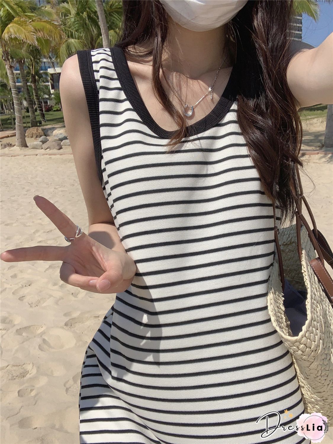 Stripe Print Backless Bandage Maxi Dresses