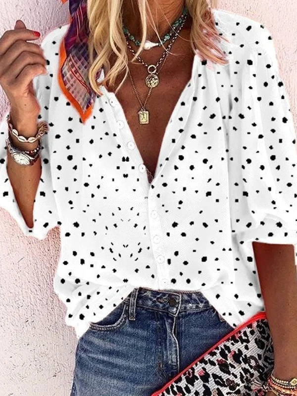 Women plus size clothing Women 3/4 Sleeve V-neck Polka dot Button Tops-Nordswear