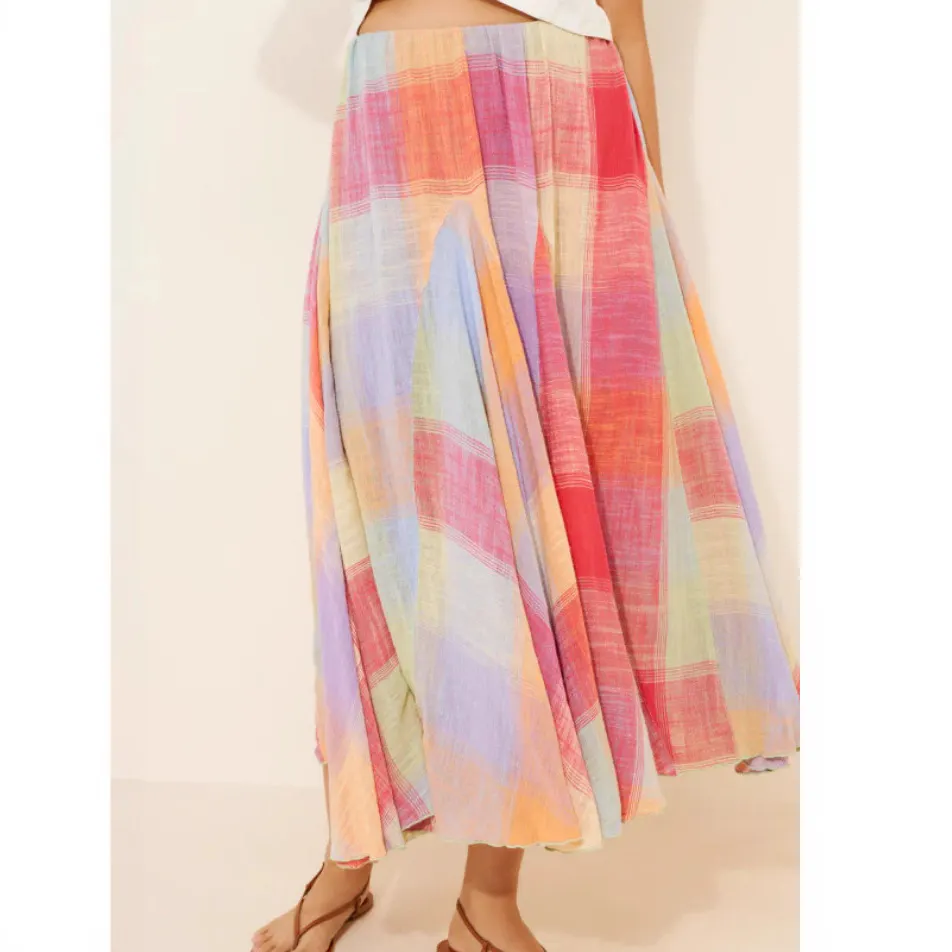 Women's Color Block Plaid Midi Skirt