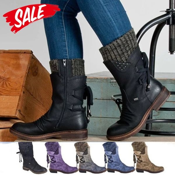 Hot Sale !!! Fashion Autumn and Winter Womens Boots In The Calf Boots Casual Flat Snow Boots Leather Sweater Bandage Boots Cowgirl Boots Zipper Low Heel Ladies Boots - Shop Trendy Women's Fashion | TeeYours
