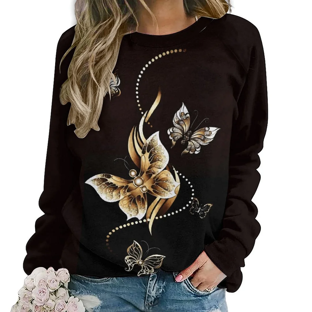 Printed Long Sleeve Casual Sweatshirt for  Women and Men Unisex Pattern Butterfly, Black, Golden