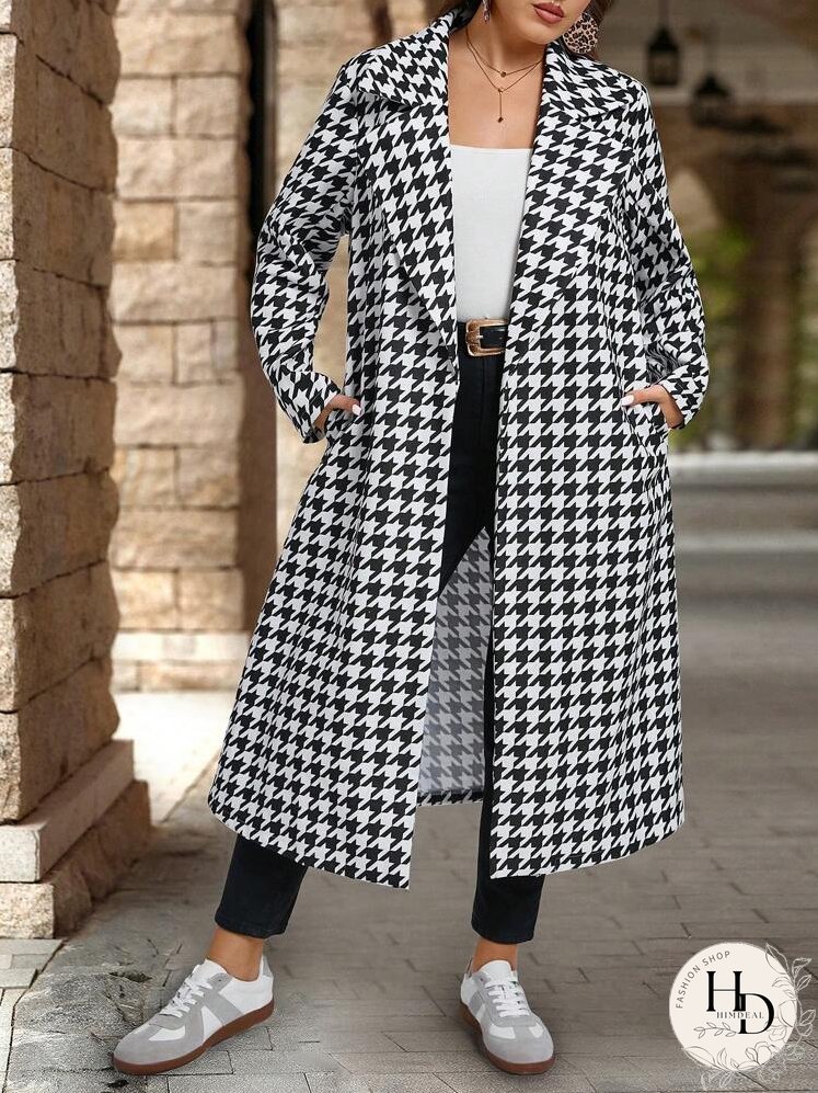 Plus Size Women Lapel Neck Plaid Wool Blend Jacket, Casual Daily Wear