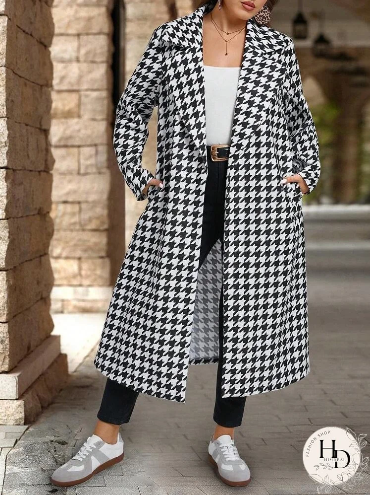 Plus Size Women Lapel Neck Plaid Wool Blend Jacket, Casual Daily Wear