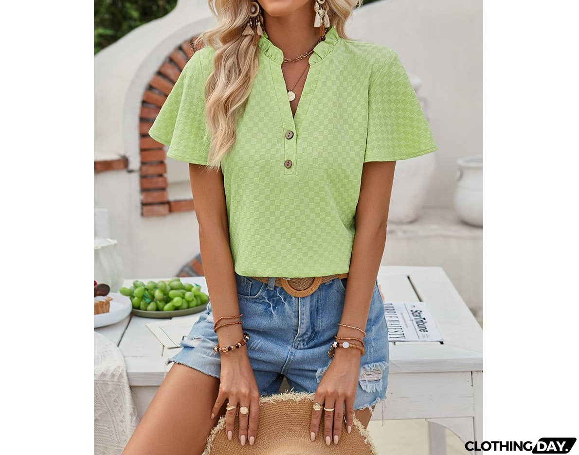 Plaid Button V Ruffle Neck Loose Blouse