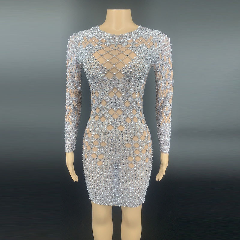 GOOSHOE Flashing Silver Rhinestones Pearl Transparent Short Dress Outfit Prom