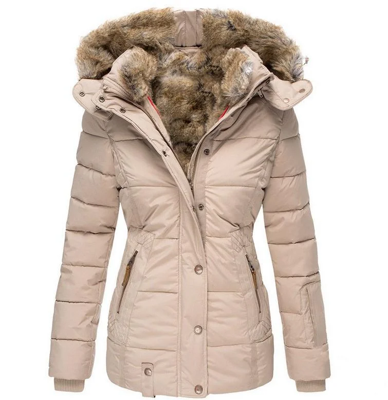 Women thick faux fur lining parka winter outdoors hooded padded outerwear