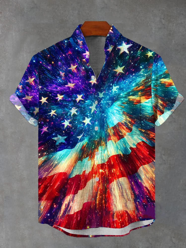 Independence Day Flag Stand Collar Short Sleeve Shirt PLUSCLOTHESMAN