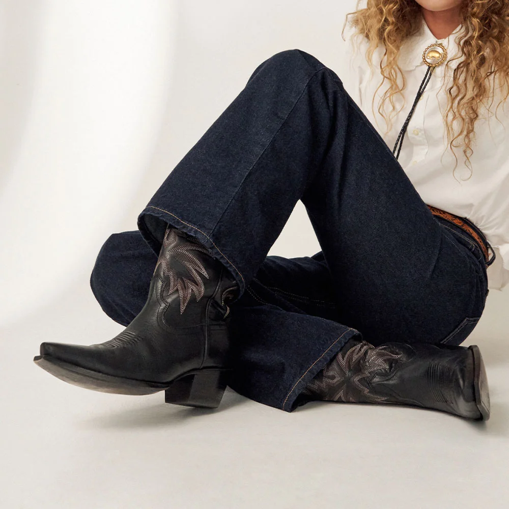Women's Snip Toe Block Heel Black Embroidered Cowgirl Boots