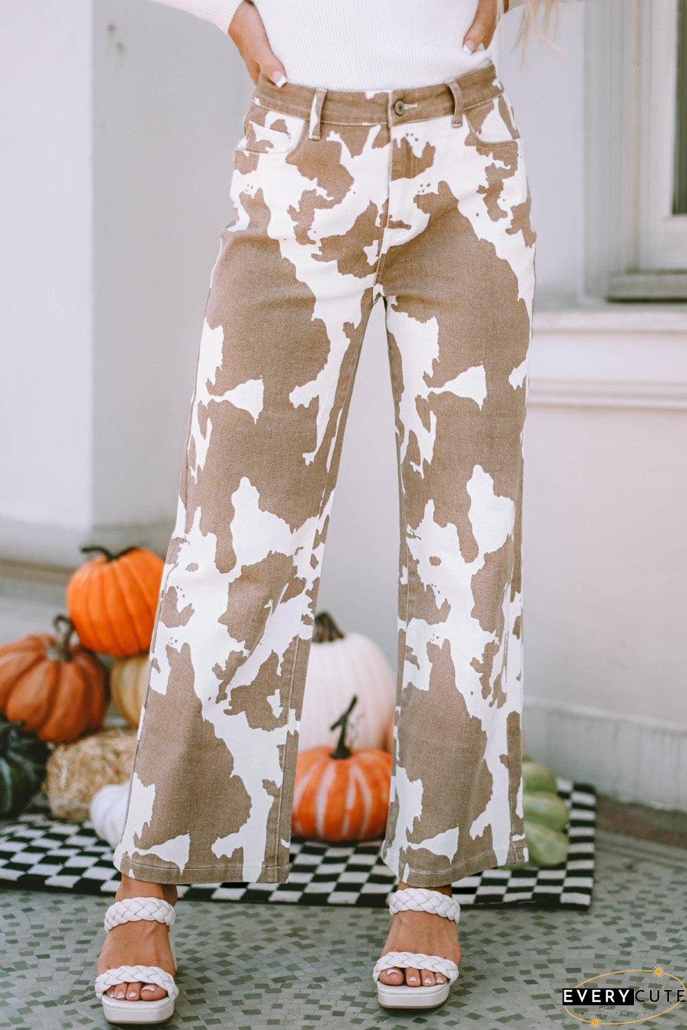 Chic Cow Print Flared Trousers