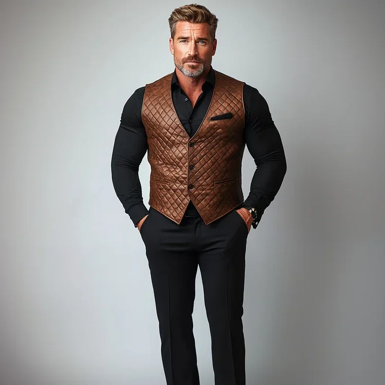 Mens Business Single Breasted Chest Pocket Quilted PU Leather Ves-inspireuse