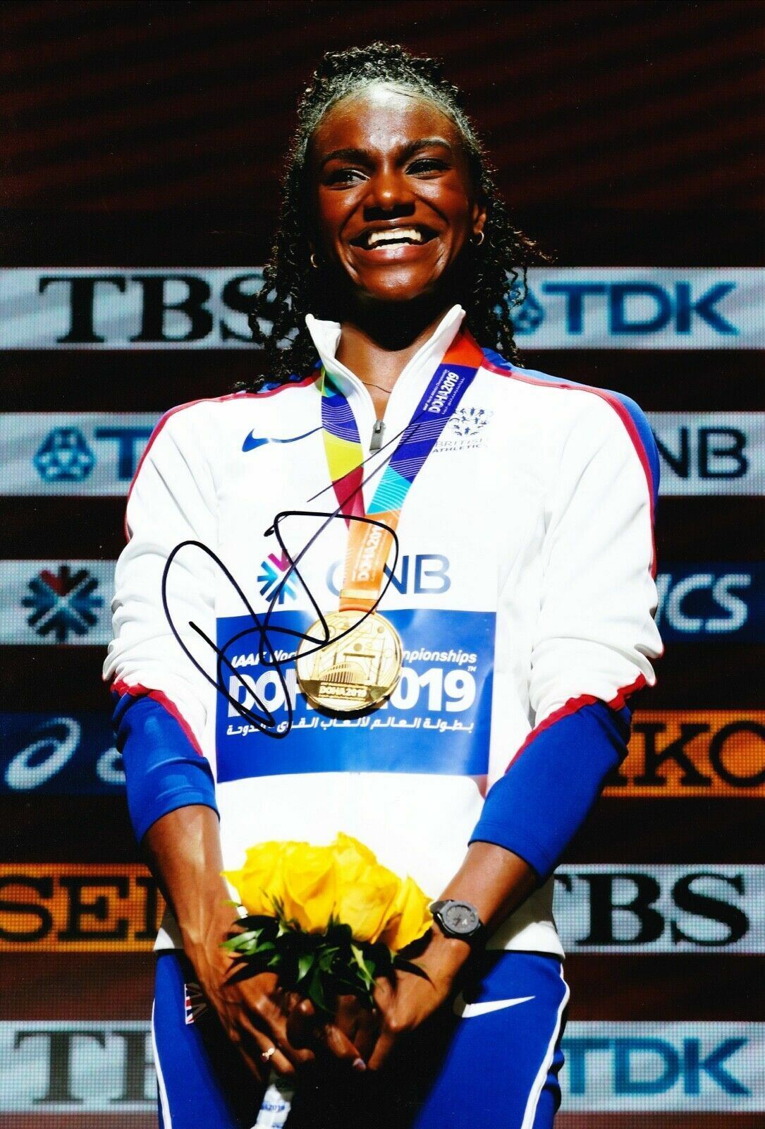 Dina Asher-Smith SIGNED 12X8 Photo Poster painting World Championships DOHA AFTAL COA (H)