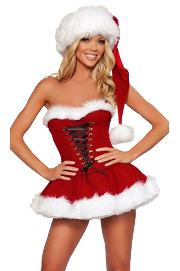 Sexy Lace Up Miss Santa Christmas Costume Dress Red-elleschic